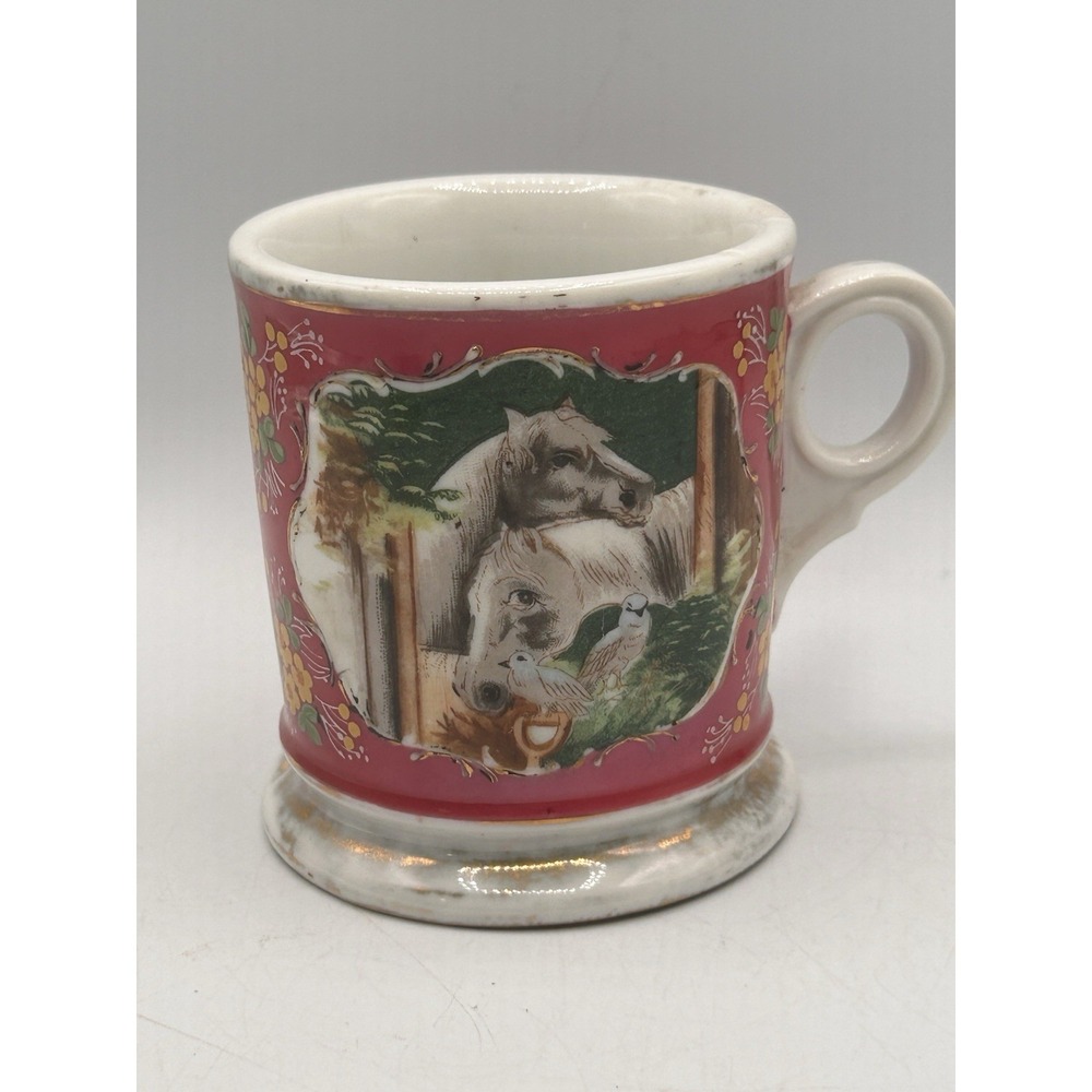 C.1900 Unusual Equestrian Occupational Shaving Mug with Horses & Birds